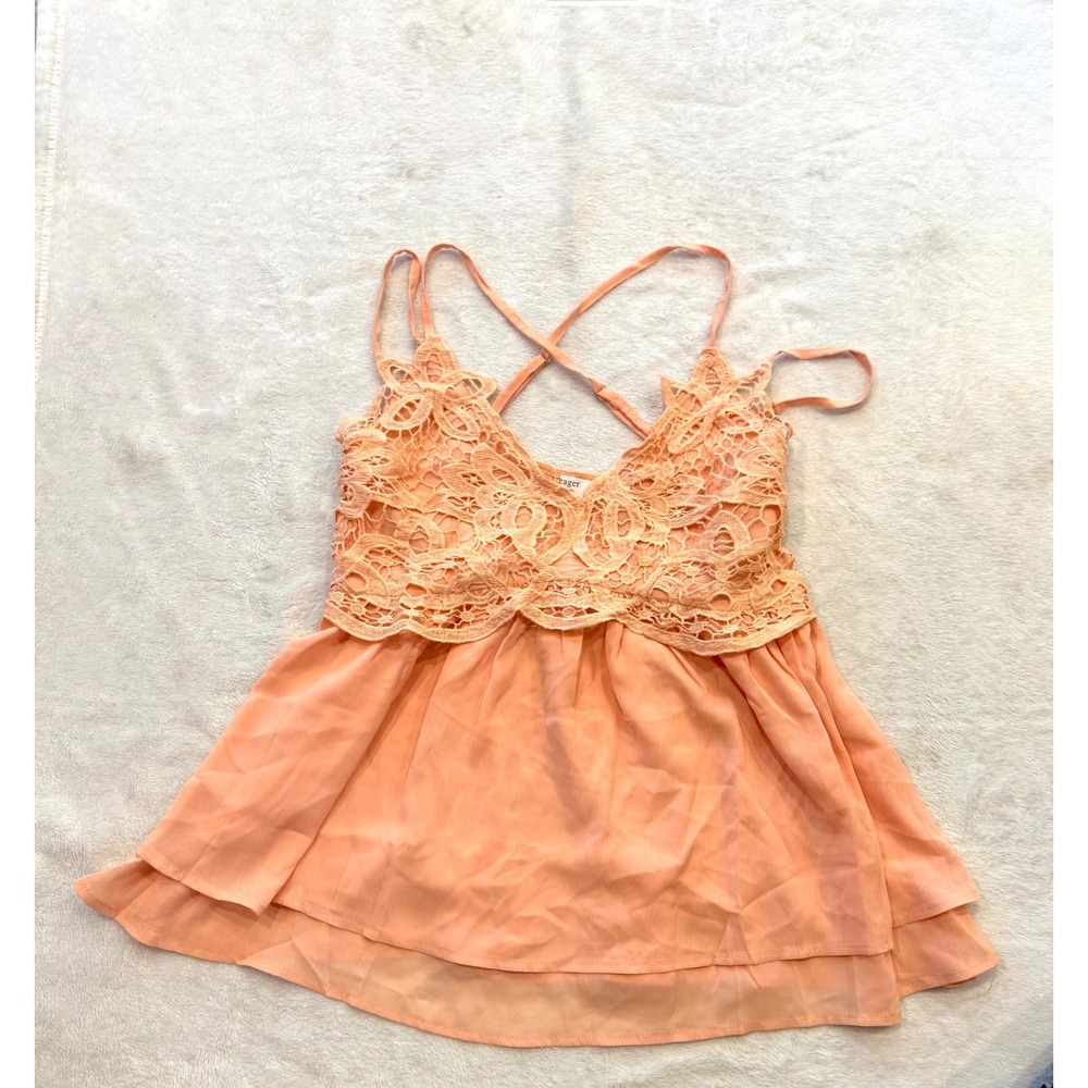 Feager Peach Crochet Lace Tiered Babydoll Camisole Top XL Smocked Back Summer